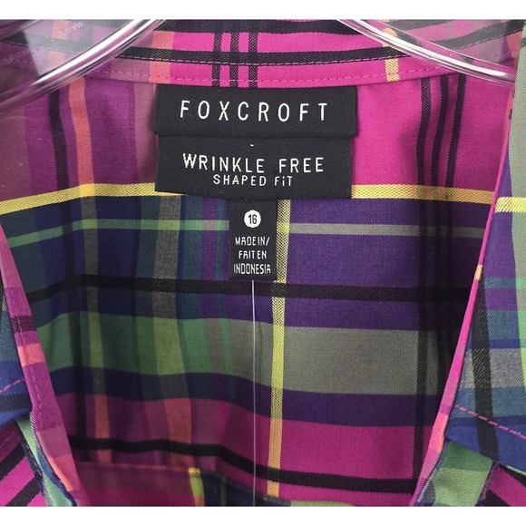 Foxcroft Button Up 3/4 Sleeve Collar Plaid Print Top Pink Multicolor 16 - Picture 3 of 7